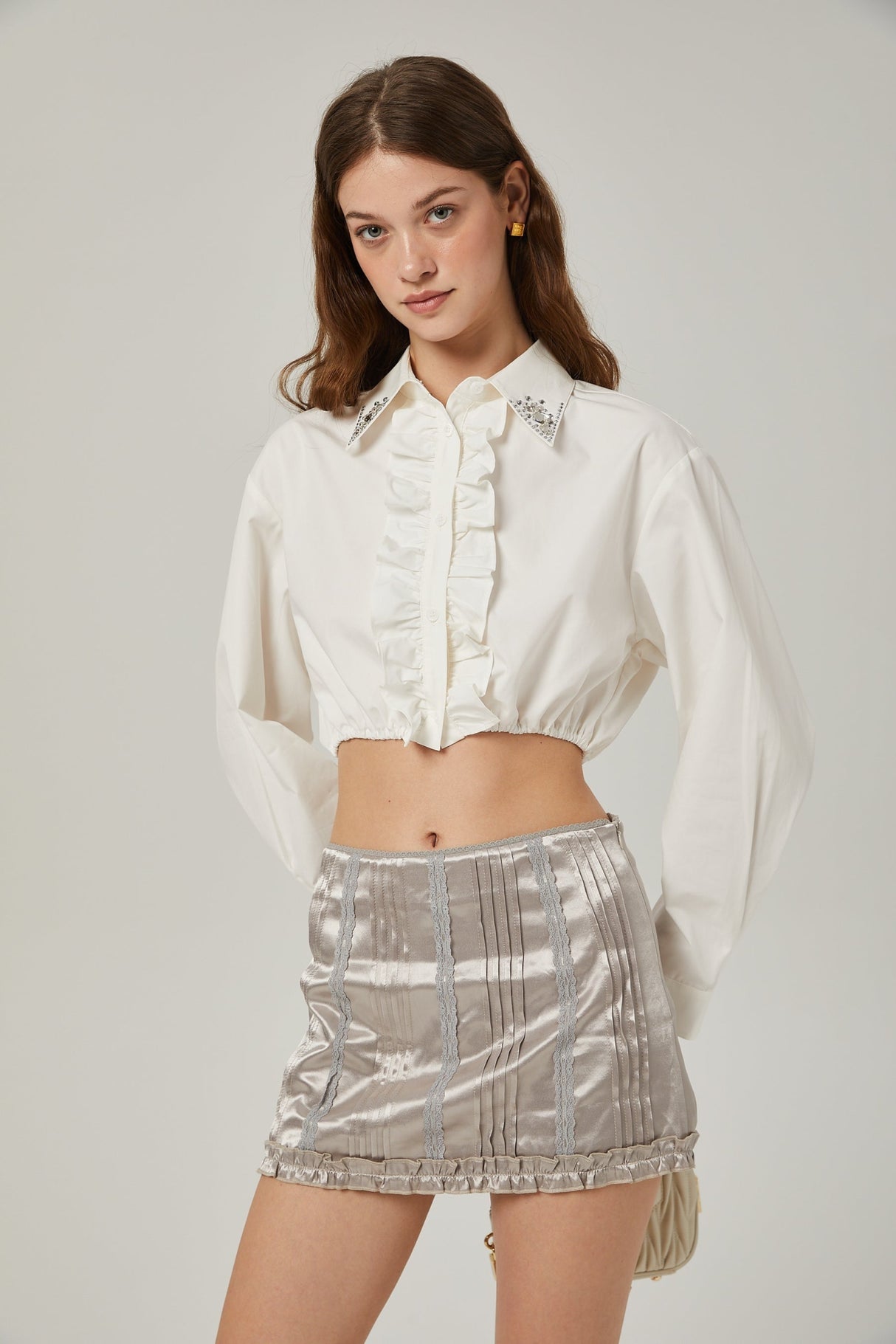 Tiana Skirt Lace Stripes Pleated & Button Fastening Silver