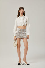 Tiana Skirt Lace Stripes Pleated & Button Fastening Silver