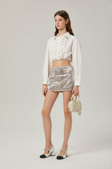 Tiana Skirt Lace Stripes Pleated & Button Fastening Silver