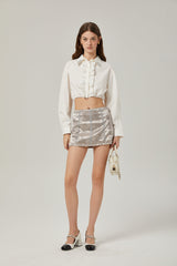 Tiana Skirt Lace Stripes Pleated & Button Fastening Silver