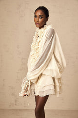 Tiered mini dress in neutral tones with floral applique details named Zephyrine
