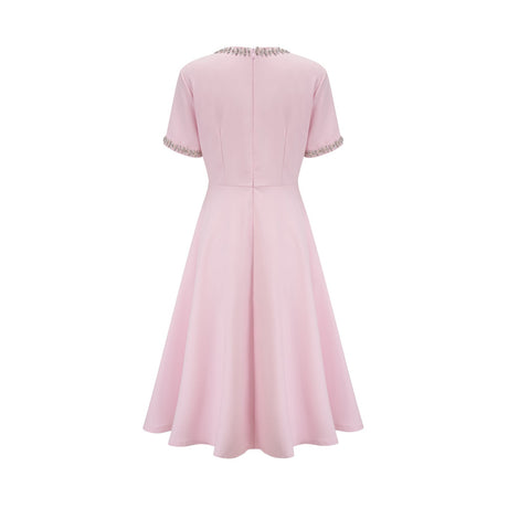 Tiffany Midi Dress Pink Crystal Bow Flared Skirt & Rear Zip