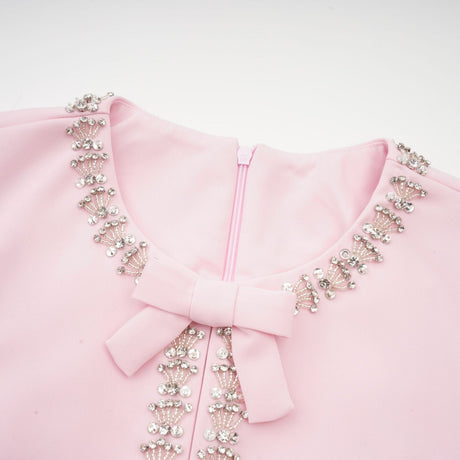 Tiffany Midi Dress Pink Crystal Bow Flared Skirt & Rear Zip