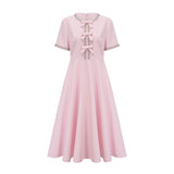 Tiffany Midi Dress Pink Crystal Bow Flared Skirt & Rear Zip