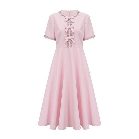 Tiffany Midi Dress Pink Crystal Bow Flared Skirt & Rear Zip
