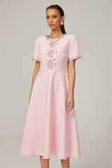 Tiffany Midi Dress Pink Crystal Bow Flared Skirt & Rear Zip