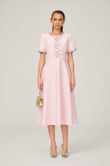 Tiffany Midi Dress Pink Crystal Bow Flared Skirt & Rear Zip