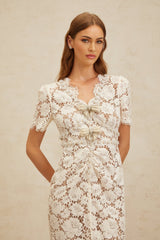 Tiffany Midi Dress - V - Neck - Glitter Detailing - Bow Brooch - Frayed Edge - Embellished - Zip Fastening - Midi Length