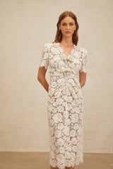 Tiffany Midi Dress - V - Neck - Glitter Detailing - Bow Brooch - Frayed Edge - Embellished - Zip Fastening - Midi Length