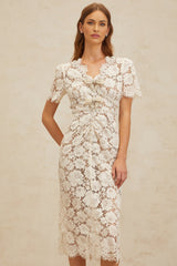 Tiffany Midi Dress - V - Neck - Glitter Detailing - Bow Brooch - Frayed Edge - Embellished - Zip Fastening - Midi Length