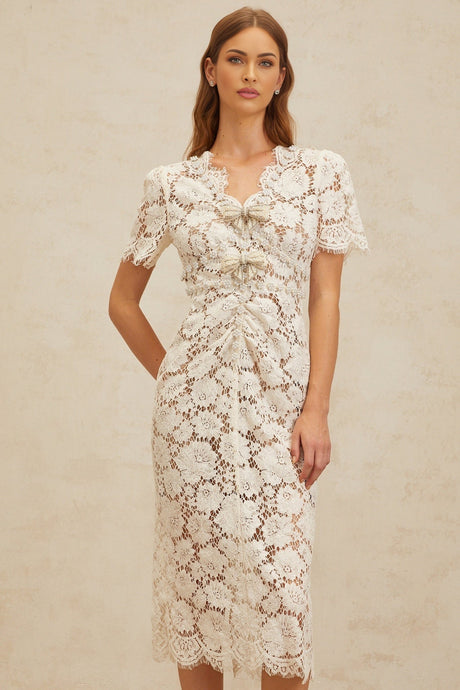 Tiffany Midi Dress - V - Neck - Glitter Detailing - Bow Brooch - Frayed Edge - Embellished - Zip Fastening - Midi Length