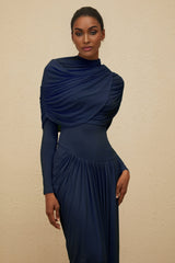 Tinsley Maxi Dress - Crew Neck - Long Sleeves - Mesh Shawl Draped Floor Length