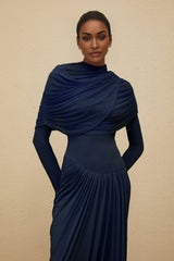 Tinsley Maxi Dress - Crew Neck - Long Sleeves - Mesh Shawl Draped Floor Length