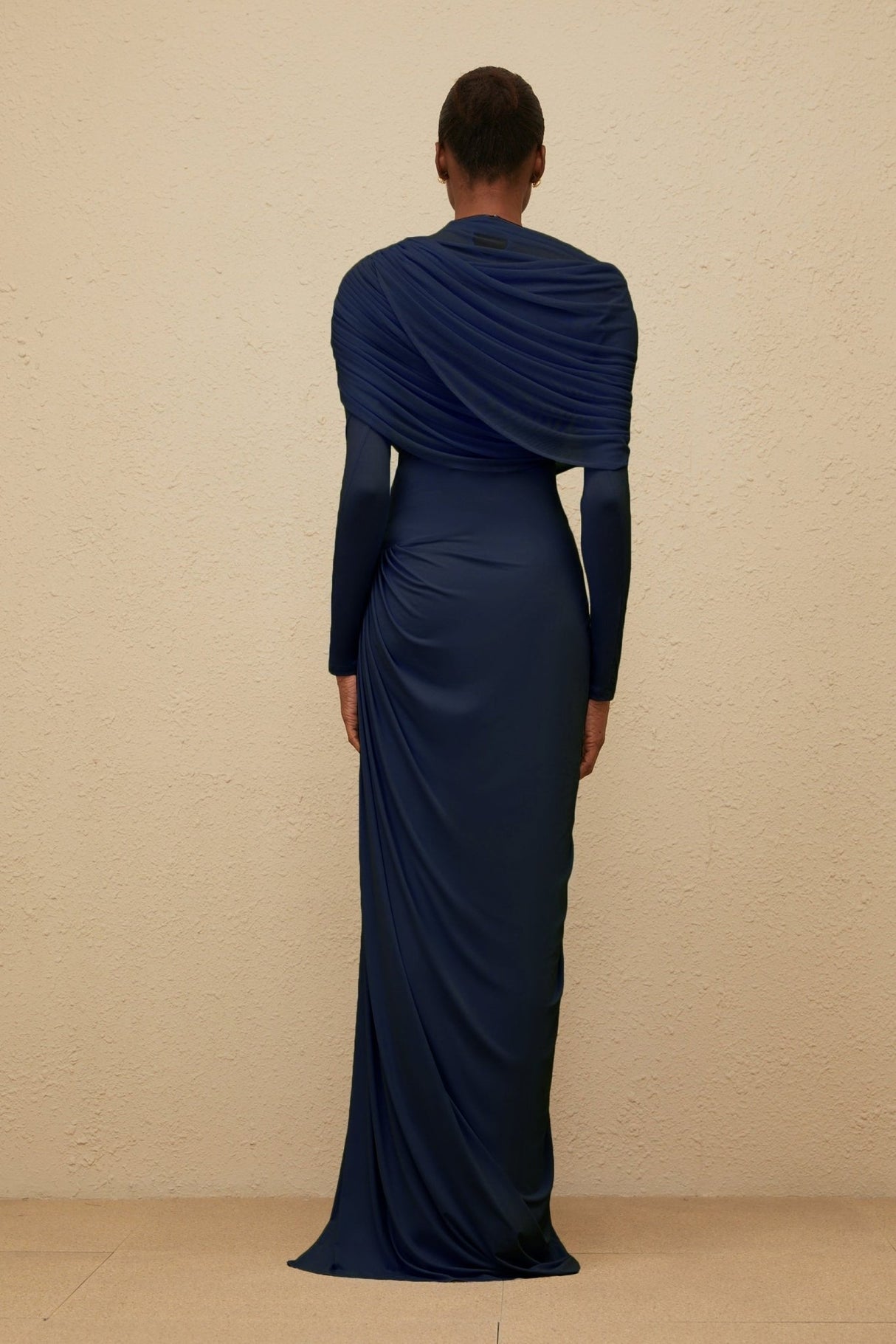 Tinsley Maxi Dress - Crew Neck - Long Sleeves - Mesh Shawl Draped Floor Length