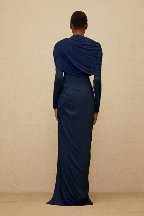 Tinsley Maxi Dress - Crew Neck - Long Sleeves - Mesh Shawl Draped Floor Length