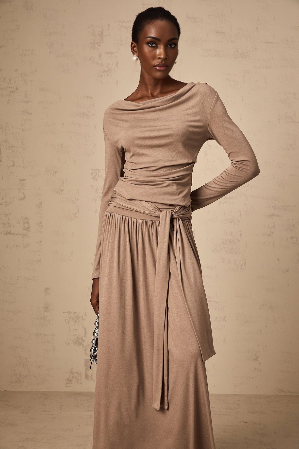 Tinsley Skirt & Top Set Oatmeal Draped Detail Matching Ensemble