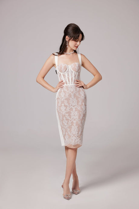 Titania Floral Lace Bustier Midi Dress With Sheer Paneling