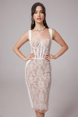 Titania Floral Lace Bustier Midi Dress With Sheer Paneling