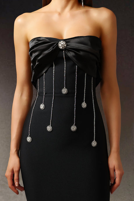 Tiziana Black Strapless Bow Detail Formal Dress