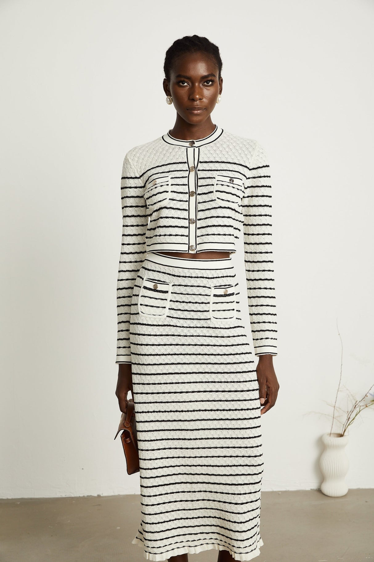 Tiziana Cardigan & Skirt Set in White & Black