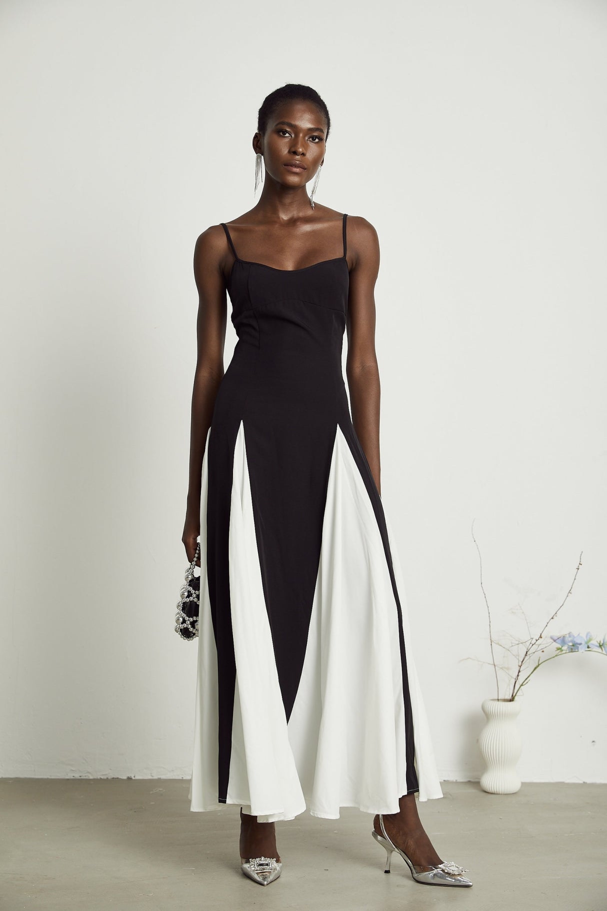 Tiziana Maxi Dress in Black & White Pleats with Scoop Back & Adjustable Straps