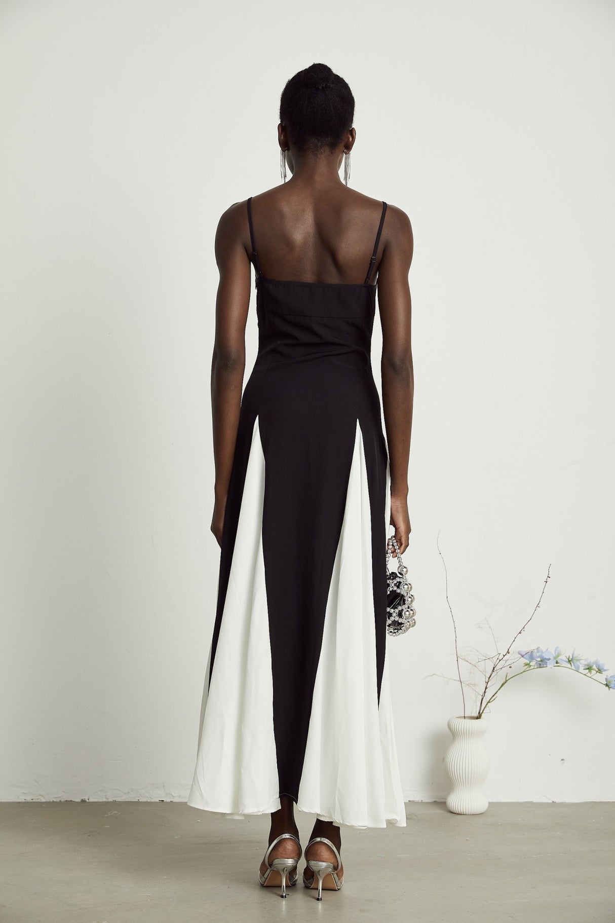 Tiziana Maxi Dress in Black & White Pleats with Scoop Back & Adjustable Straps