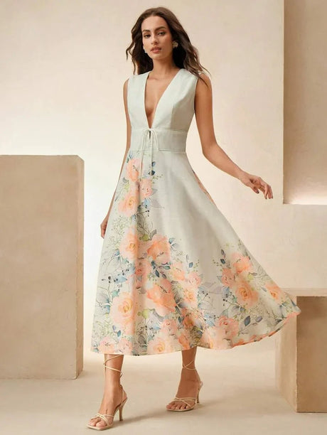 Tiziana Midi Dress - Deep V Neck - High Waist - A Line - Elegant - Backless