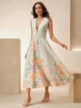 Tiziana Midi Dress - Deep V Neck - High Waist - A Line - Elegant - Backless