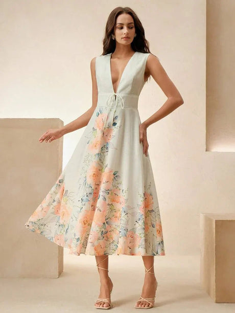 Tiziana Midi Dress - Deep V Neck - High Waist - A Line - Elegant - Backless