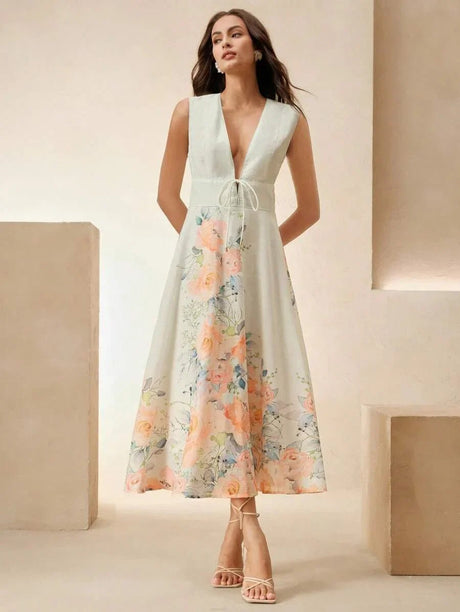 Tiziana Midi Dress - Deep V Neck - High Waist - A Line - Elegant - Backless