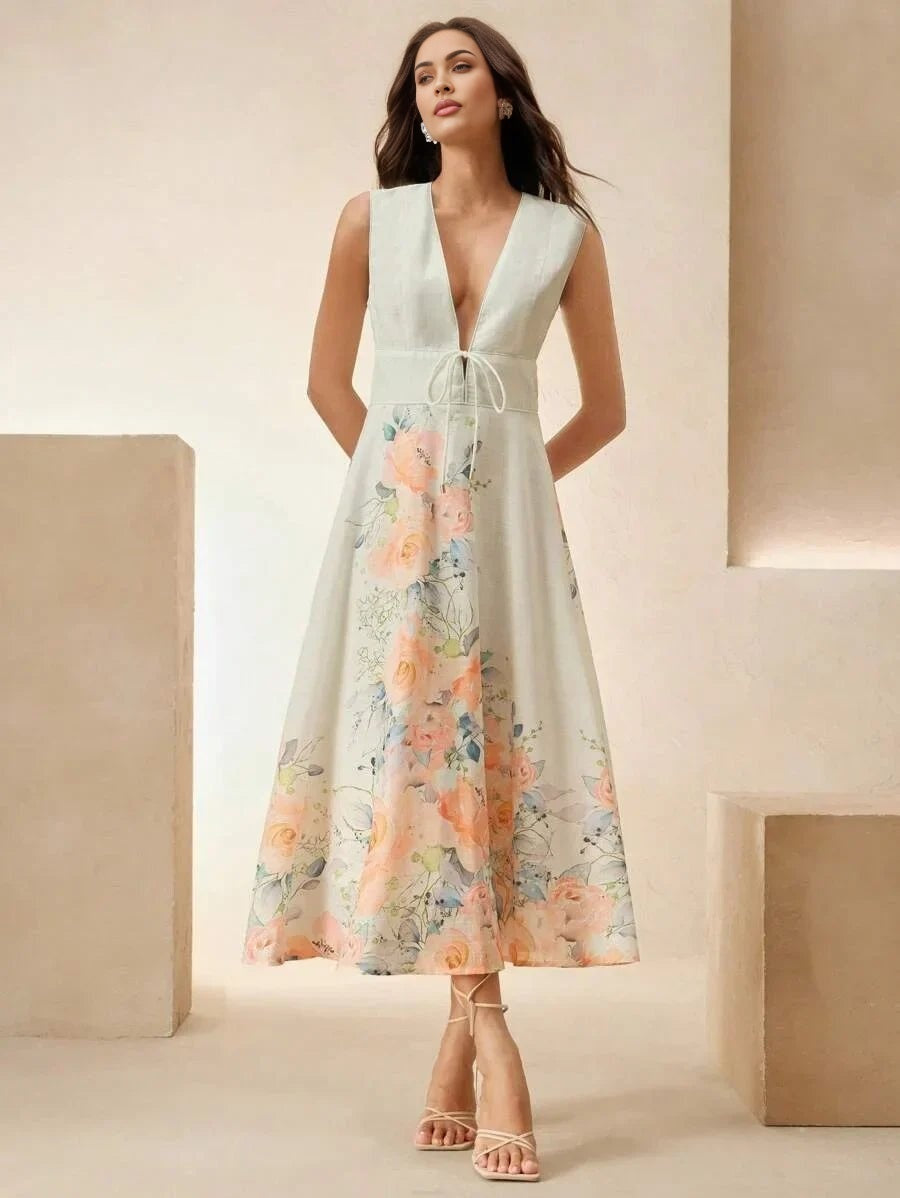 Tiziana Midi Dress - Deep V Neck - High Waist - A Line - Elegant - Backless