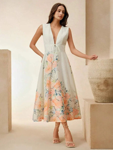 Tiziana Midi Dress - Deep V Neck - High Waist - A Line - Elegant - Backless