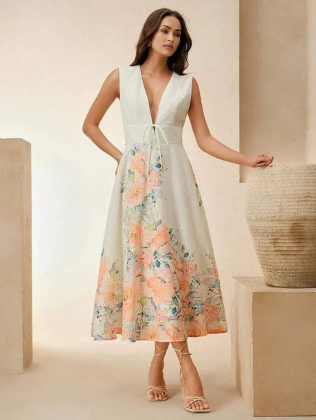 Tiziana Midi Dress - Deep V Neck - High Waist - A Line - Elegant - Backless