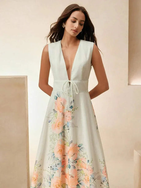 Tiziana Midi Dress - Deep V Neck - High Waist - A Line - Elegant - Backless