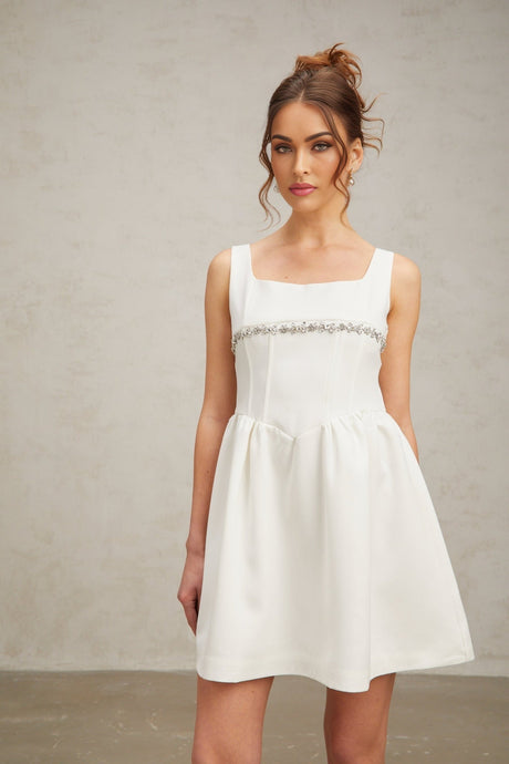 Tiziana Mini Dress White Crystal Flare & Shine