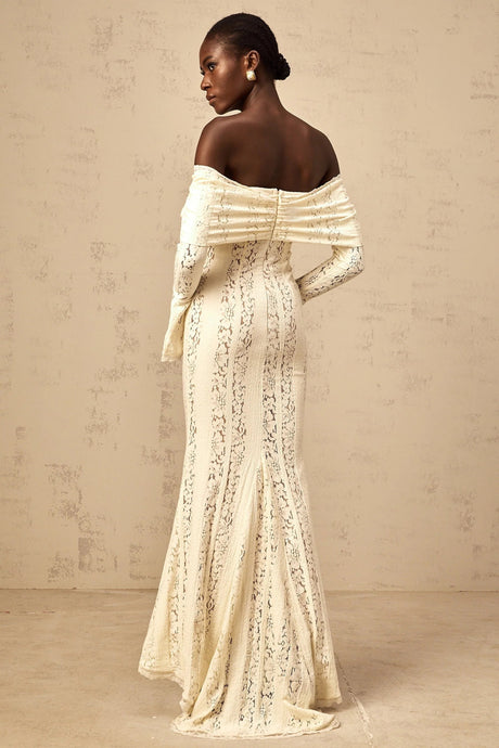 Tonia Maxi Dress Floral Lace Train Design in Neutrals