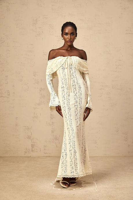 Tonia Maxi Dress Floral Lace Train Design in Neutrals