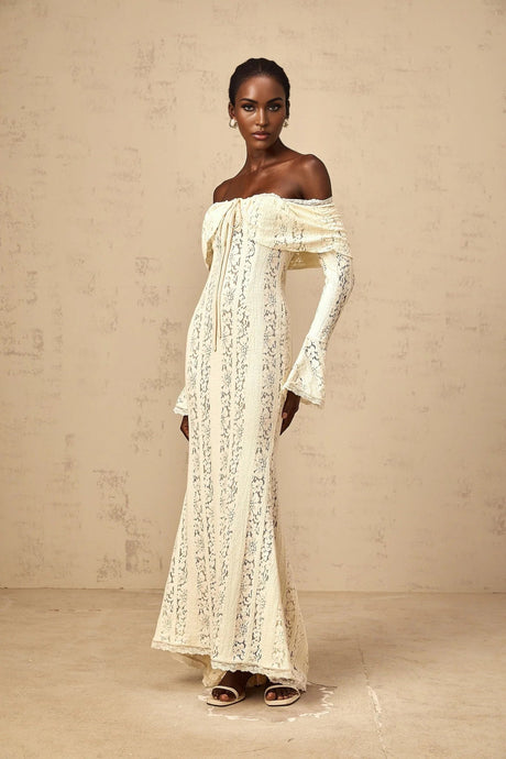 Tonia Maxi Dress Floral Lace Train Design in Neutrals