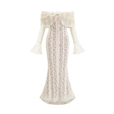 Tonia Maxi Dress Floral Lace Train Design in Neutrals