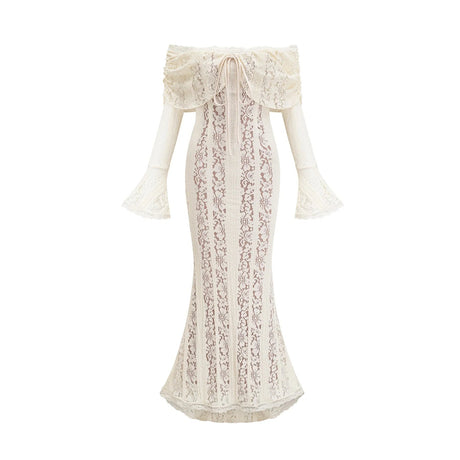 Tonia Maxi Dress Floral Lace Train Design in Neutrals
