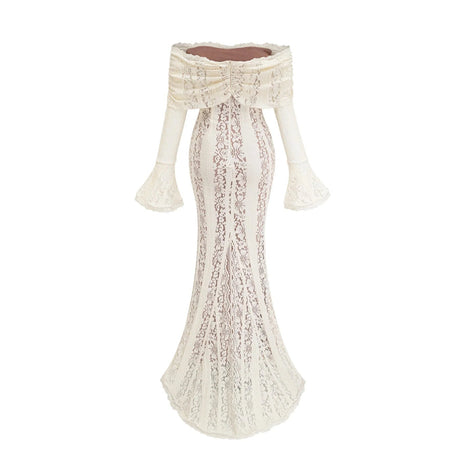Tonia Maxi Dress Floral Lace Train Design in Neutrals