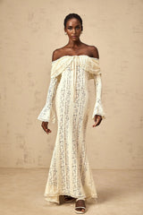 Tonia Maxi Dress Floral Lace Train Design in Neutrals