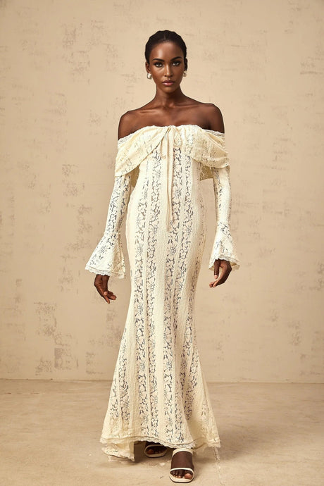 Tonia Maxi Dress Floral Lace Train Design in Neutrals