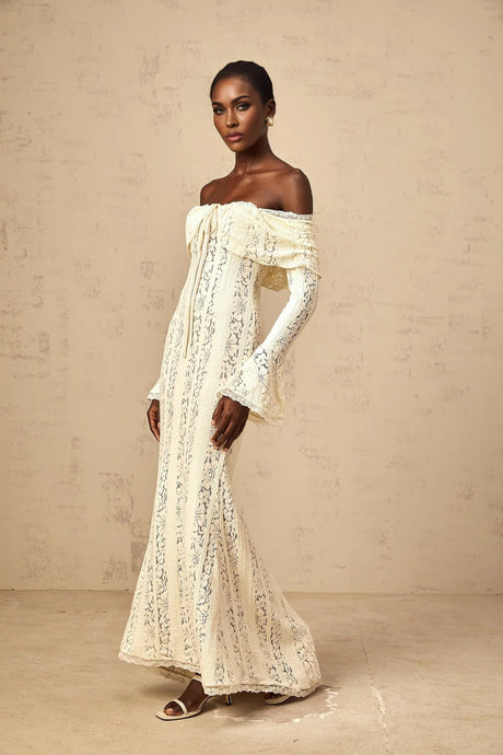 Tonia Maxi Dress Floral Lace Train Design in Neutrals