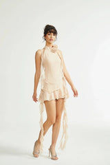 Tonia Mini Dress with High Neck and Floral Trim