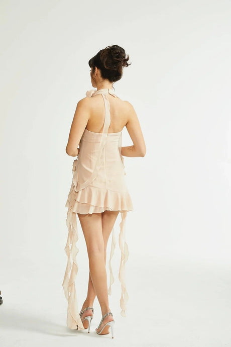 Tonia Mini Dress with High Neck and Floral Trim