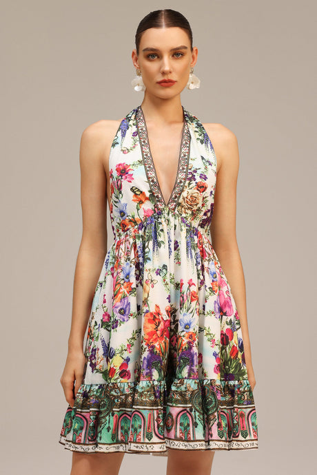 Tonia White Floral Print V-Neckline Mini Dress for Summer Occasions
