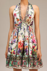 Tonia White Floral Print V-Neckline Mini Dress