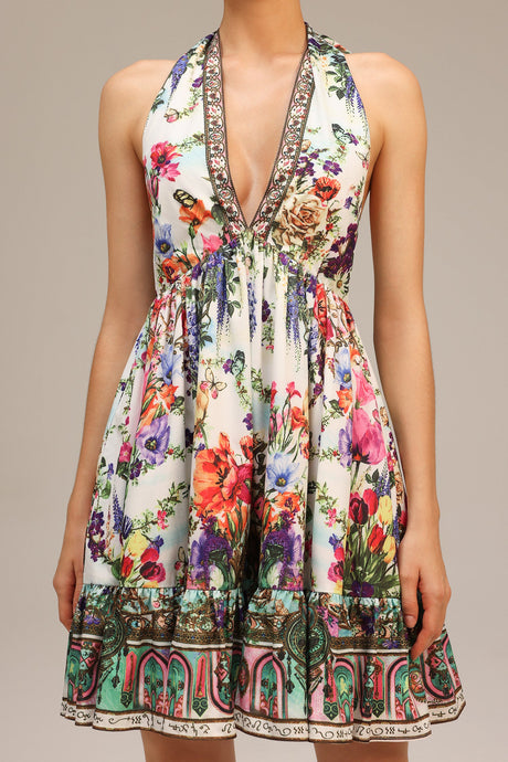 Tonia White Floral Print V-Neckline Mini Dress