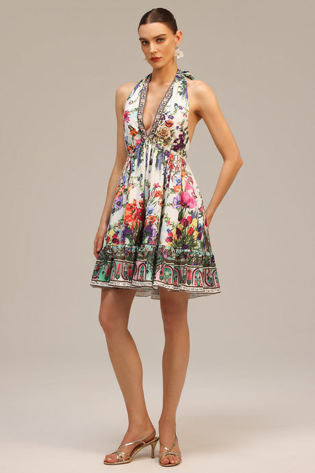 Tonia White Floral Print V-Neckline Mini Dress